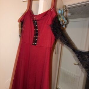 Elegant Red Dress with Black Lace Accents